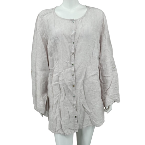 Tahari Top Womens 2X Gray 100% Linen Button Up Tunic Sheer Beachy Lagenlook - Picture 1 of 10